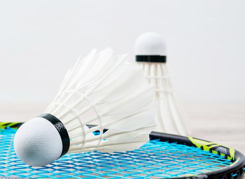 Zwei Federbälle auf einem Badmintonschläger mit blauer Saite, unscharfer Hintergrund.