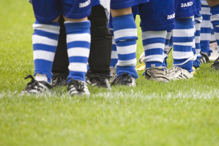 Reihe von Fußballspielern in blauen Trikots und gestreiften Socken auf einem grünen Rasenfeld.