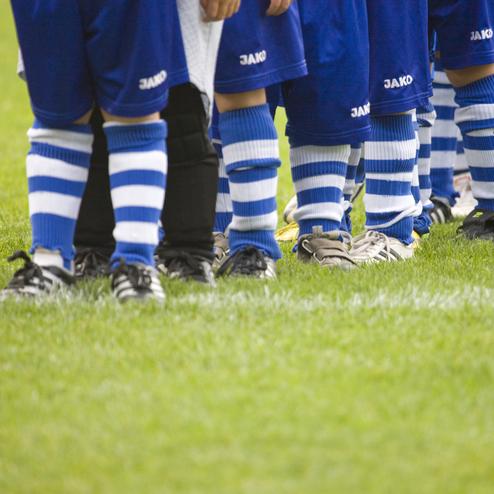 Reihe von Fußballspielern in blauen Trikots und gestreiften Socken auf einem grünen Rasenfeld.